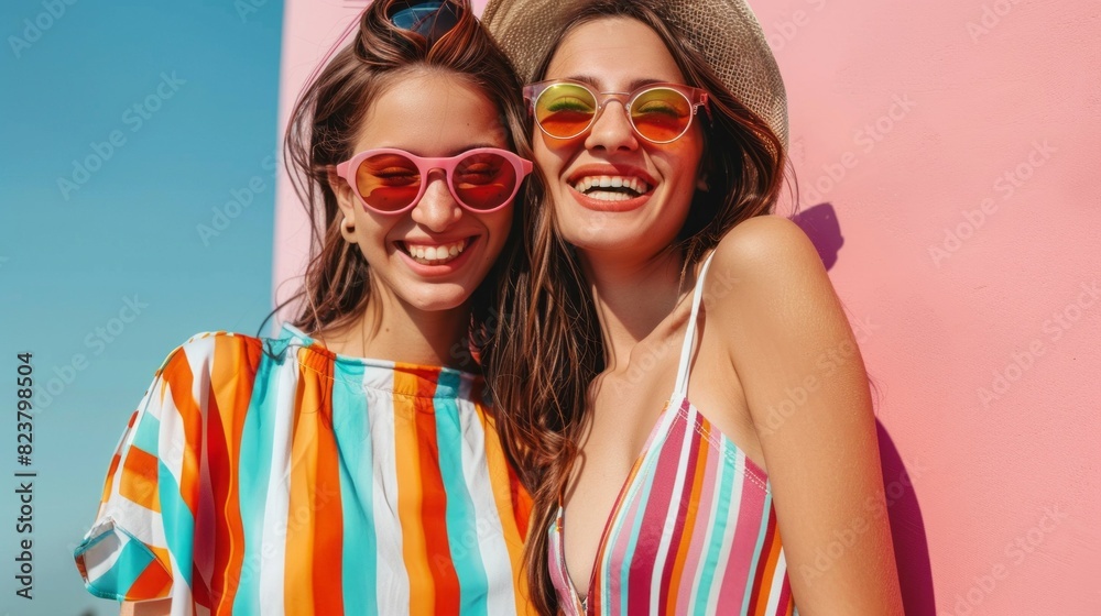 Two women wearing colorful striped swimsuits Two women wearing colorful striped swimsuits