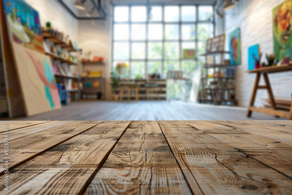 A wooden table in the foreground with a blurred background of an art studio. The background includes easels with canvases, paintbrushes, palettes, colorful paintings on the walls, and shelves A wooden table in the foreground with a blurred background of an art studio. The background includes easels with canvases, paintbrushes, palettes, colorful paintings on the walls, and shelves
