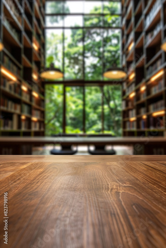A wooden table in the foreground with a blurred background of a library reading room. The background features tall bookshelves filled with books, comfortable reading chairs and large windows