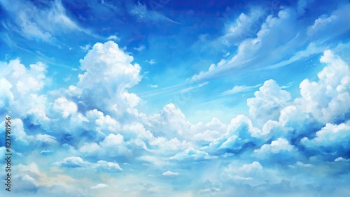 Hand-painted watercolor background of a clear blue sky with white fluffy clouds  photo
