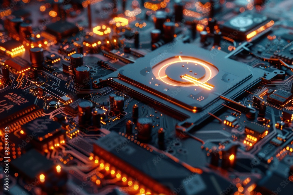 close-up view of a high-tech fantasy CPU concept with letter Q on it close-up view of a high-tech fantasy CPU concept with letter Q on it