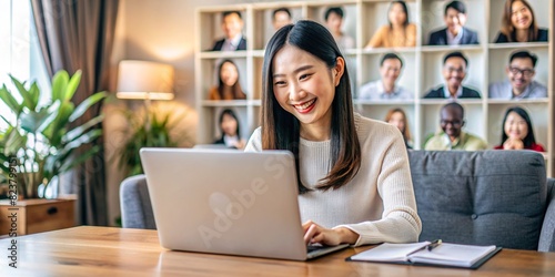 Happy young asian woman working remotely on virtual video team meeting call, smiling while freelancing on laptop from home  photo