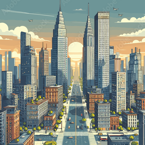 City scene with tall buildings vector illustration