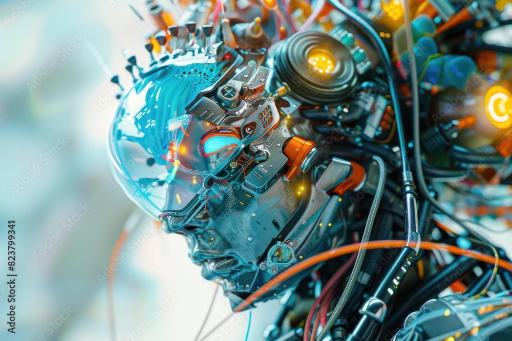 Fototapeta premium close-up view of a fantasy high-tech robot character weaved of different various wires, microprocessors and tiny parts