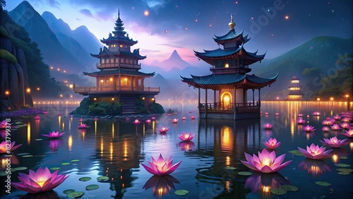 Illuminated traditional pagodas by a lake with floating lotus lanterns, perfect for festivals and cultural themes  photo