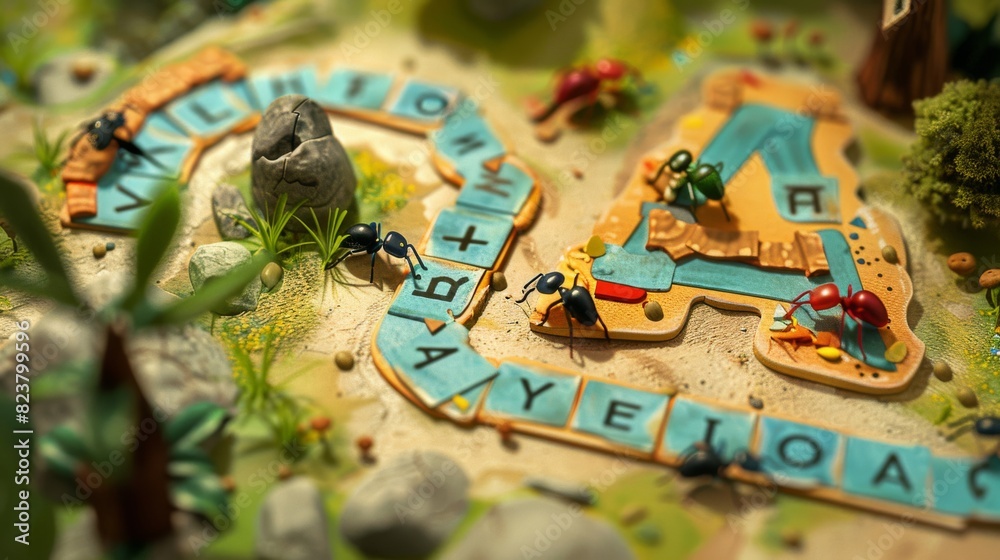 A colorful board game with a path of letters and a house