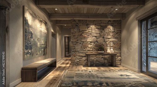 Rustic-modern entrance hall with a textured stone wall and timber ceiling beams  designed for a coastal retreat