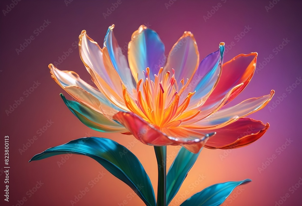 Vibrant, life-size glass flower with vivid hues and a realistic, natural form in an indoor setting Vibrant, life-size glass flower with vivid hues and a realistic, natural form in an indoor setting