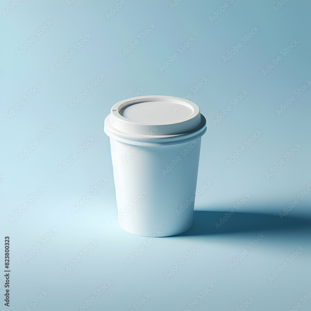 mockup of a disposable coffee cup with a white lid, with shadows, on a light blue background mockup of a disposable coffee cup with a white lid, with shadows, on a light blue background