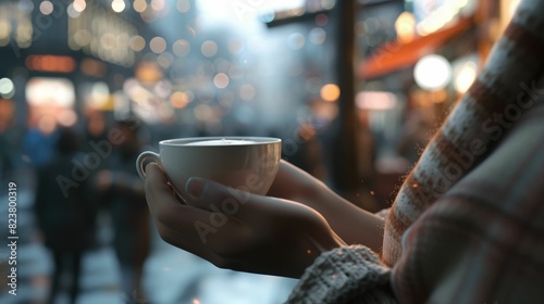 The close up picture of the person is holding the cup of the coffee by their own hand and walking on a street for relaxation also surrounded by building in city with people on blur background. AIG43.