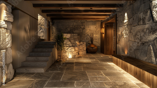 Stylish entrance hall featuring a blend of stone tiles and rustic wood accents  with soft ambient lighting enhancing the space