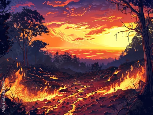 A beautiful landscape painting of a forest fire
