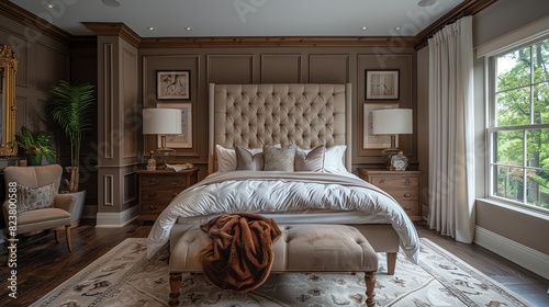 A luxurious master bedroom with a fourposter bed and plush velvet accents photo