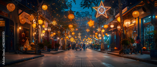 A street decorated with Islamic-themed lights for Eid-al-Adha, with families walking and celebrating photo