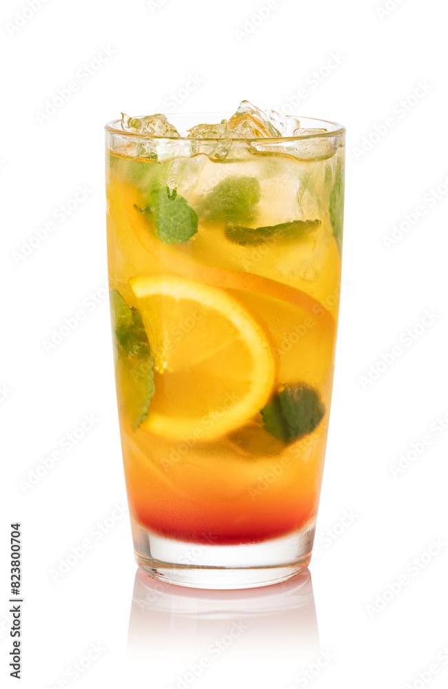 Glass with orange lemonade and ice Glass with orange lemonade and ice