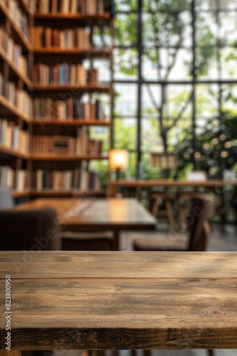 A wooden table in the foreground with a blurred background of a library reading room. The background features tall bookshelves filled with books, comfortable reading chairs and large windows © grey