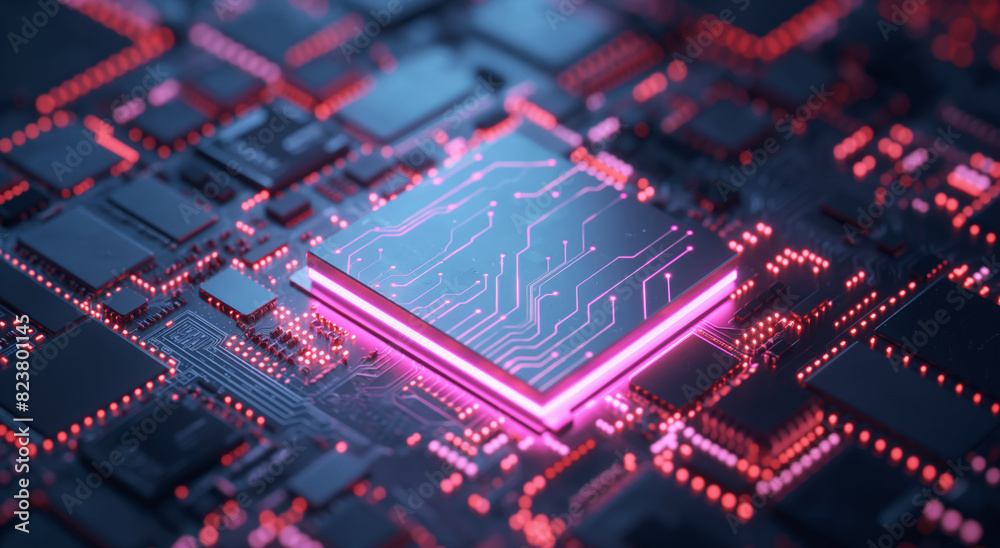A computer chip on a motherboard featuring purple circuits and intricate engineering patterns, highlighting advanced technology and design. Perfect for tech enthusiasts. Generative AI. A computer chip on a motherboard featuring purple circuits and intricate engineering patterns, highlighting advanced technology and design. Perfect for tech enthusiasts. Generative AI.