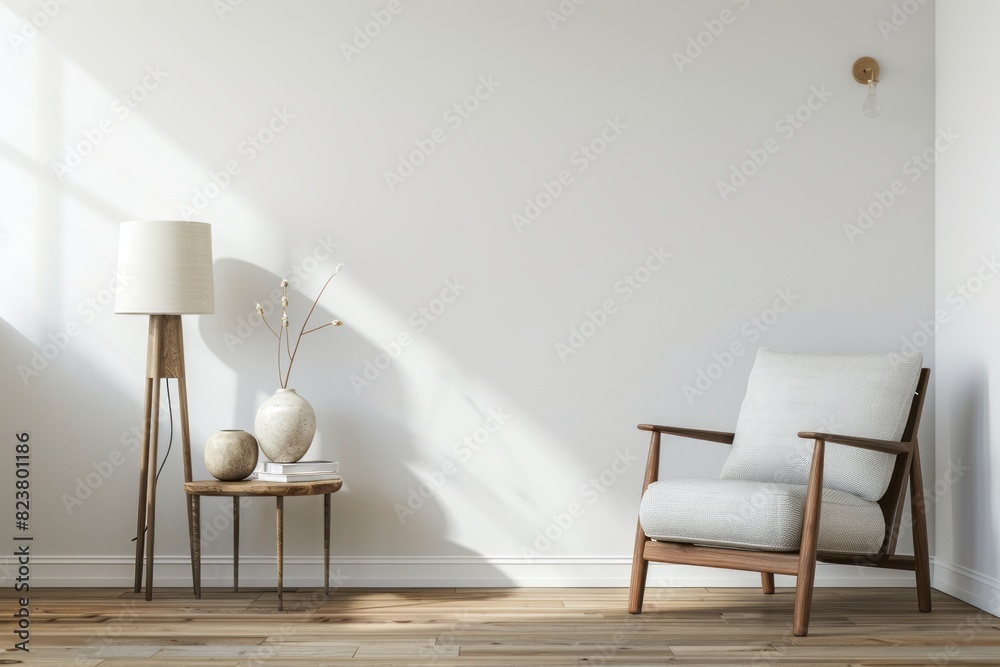 A simple, empty room with white walls and wooden floors. There is an elegant midcentury modern chair next to the wall A simple, empty room with white walls and wooden floors. There is an elegant midcentury modern chair next to the wall