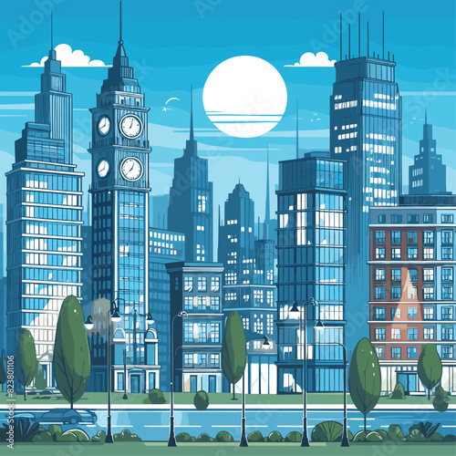 City scene with tall buildings vector illustration