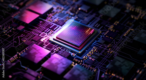 Close-up of a computer chip with purple keywords and related terms, showcasing technological concepts and innovation. Ideal for tech presentations. Generative AI.