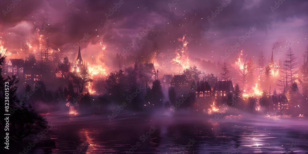 Artistic depiction of a fantasy village engulfed in flames. Concept Fantasy, Village, Flames, Artistic Depiction, Apocalypse