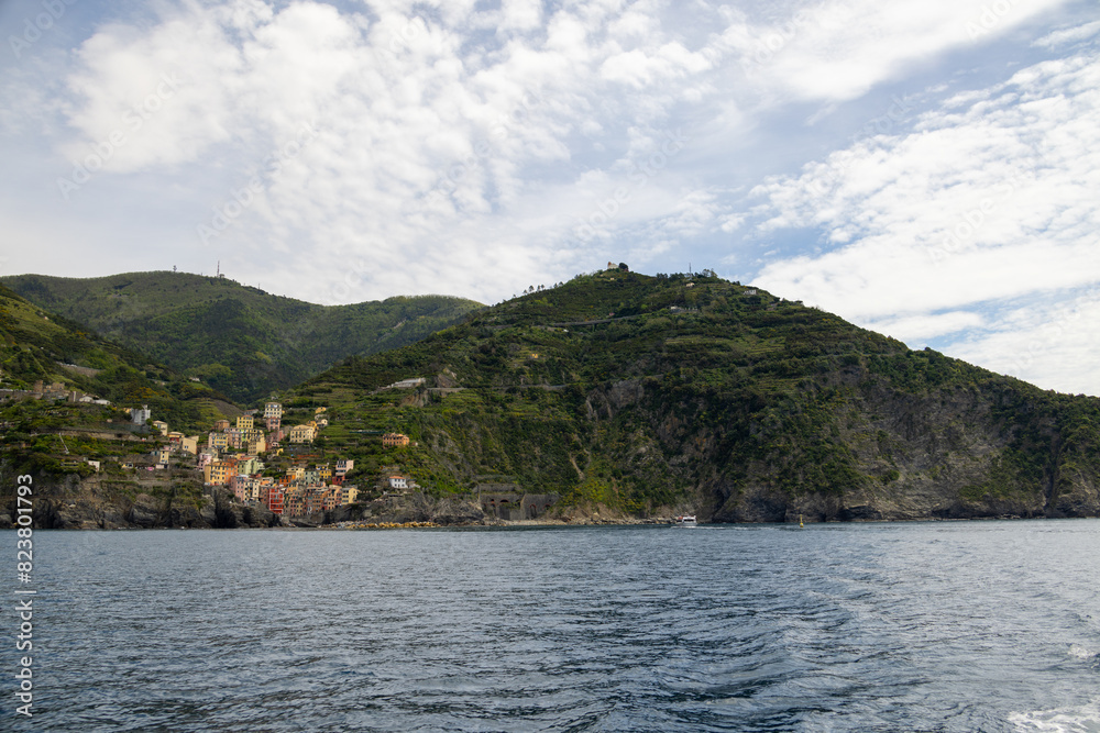 view of a mountain from the water in cinque-terre in italy view of a mountain from the water in cinque-terre in italy