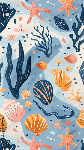 Pattern with marine life elements including seaweed, shells, and starfish on light blue background