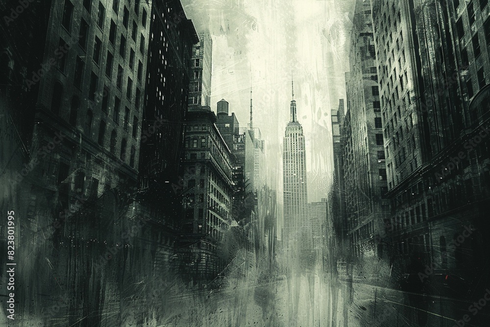 Obraz premium Dramatic aerial view of a monochromatic cityscape, featuring skyscrapers and buildings with a grungy texture and distressed edges