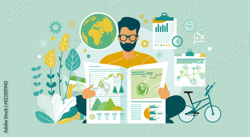 A bearded man is absorbed in reading a newspaper, surrounded by a bike, globe, graphics, and a plant, symbolizing environmental awareness and sustainability. Generative AI.
