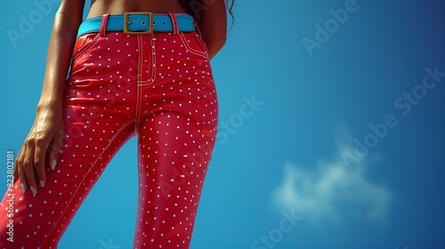 Model wearing red pants with polka dots - blue sky background - stylish fashion  photo