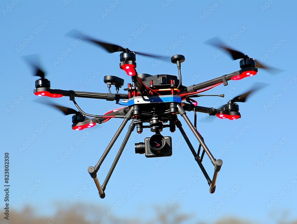 A hexacopter drone flies through the sky. It has a camera mounted on it. A hexacopter drone flies through the sky. It has a camera mounted on it.