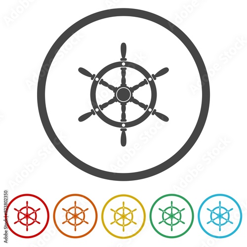 Ship steering wheel logo. Set icons in color circle buttons