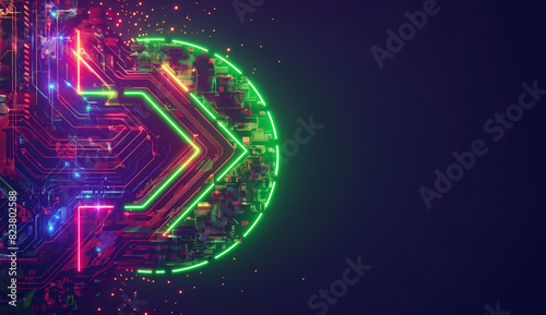 A neon arrow illuminates a circuit board against a dark background, symbolizing navigation or direction within technology. Ideal for futuristic designs. Generative AI.