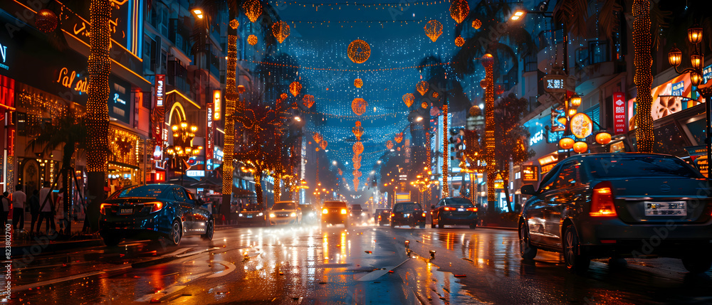 A street decorated with Islamic-themed lights and patterns for Eid-al-Adha, with families walking and celebrating