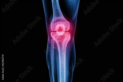 x-ray of a male human knee, focus on the knee with red color, showing painful, solid black background