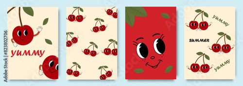 Set of hippie summer posters with cheerful cherry blossom characters. Cute cartoon cherry in a groovy style. Vector illustration.