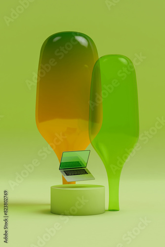 3D Rendered Laptop Among Stylized Trees on Green Background photo