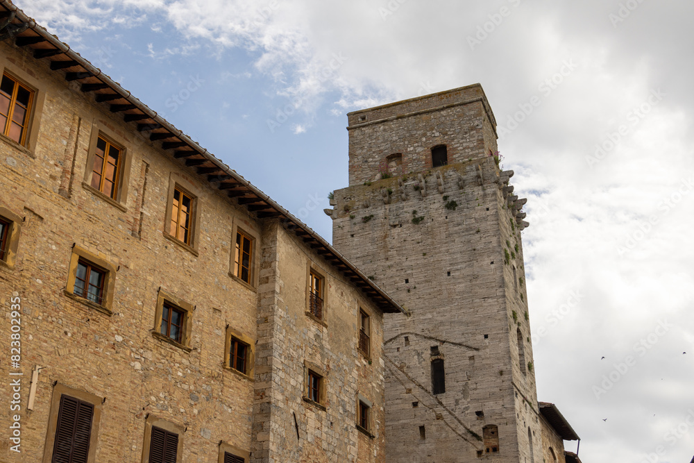 low angle view of a tower in san Gimignano italy low angle view of a tower in san Gimignano italy