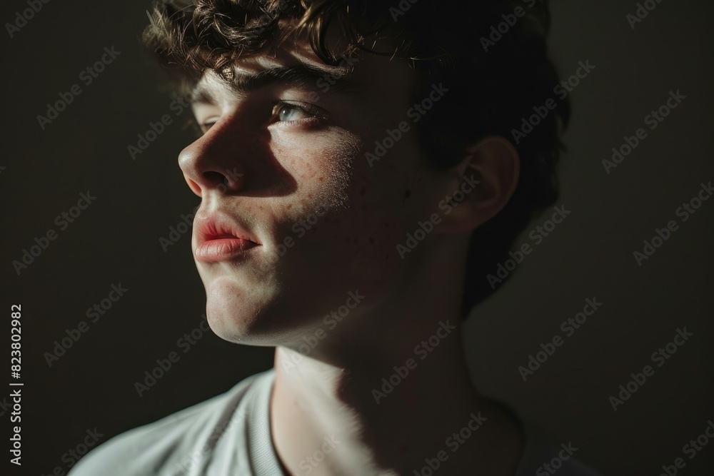 Portrait of a pensive teenage boy with natural light casting shadows on his face Portrait of a pensive teenage boy with natural light casting shadows on his face