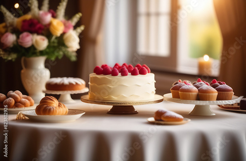 A table with a white tablecloth has a beautiful cake and a lot of cakes and sweets and flowers