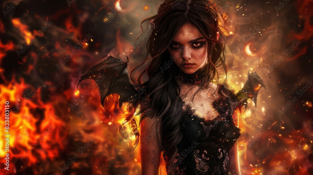 A woman in a black dress stands in front of a fire with a dragon in the backgrou A woman in a black dress stands in front of a fire with a dragon in the backgrou