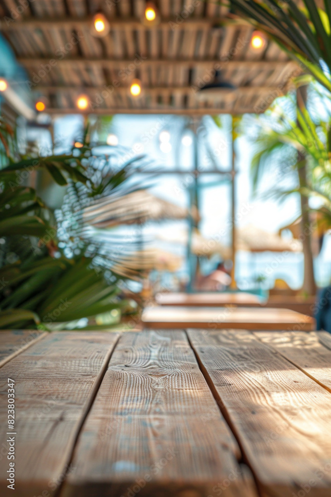 A wooden table in the foreground with a blurred background of a beachside cafe. The background shows sandy beach views through large windows, casual seating, tropical plants, and customers