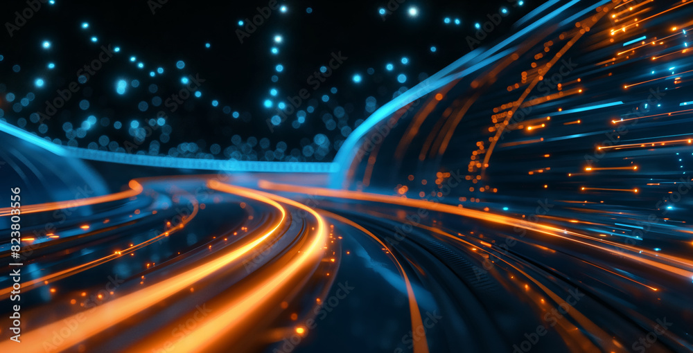 A blurry highway lit up by numerous lights at night, symbolizing the dynamic flow of data and information. Perfect for illustrating digital connectivity and technological progress. Generative AI. A blurry highway lit up by numerous lights at night, symbolizing the dynamic flow of data and information. Perfect for illustrating digital connectivity and technological progress. Generative AI.