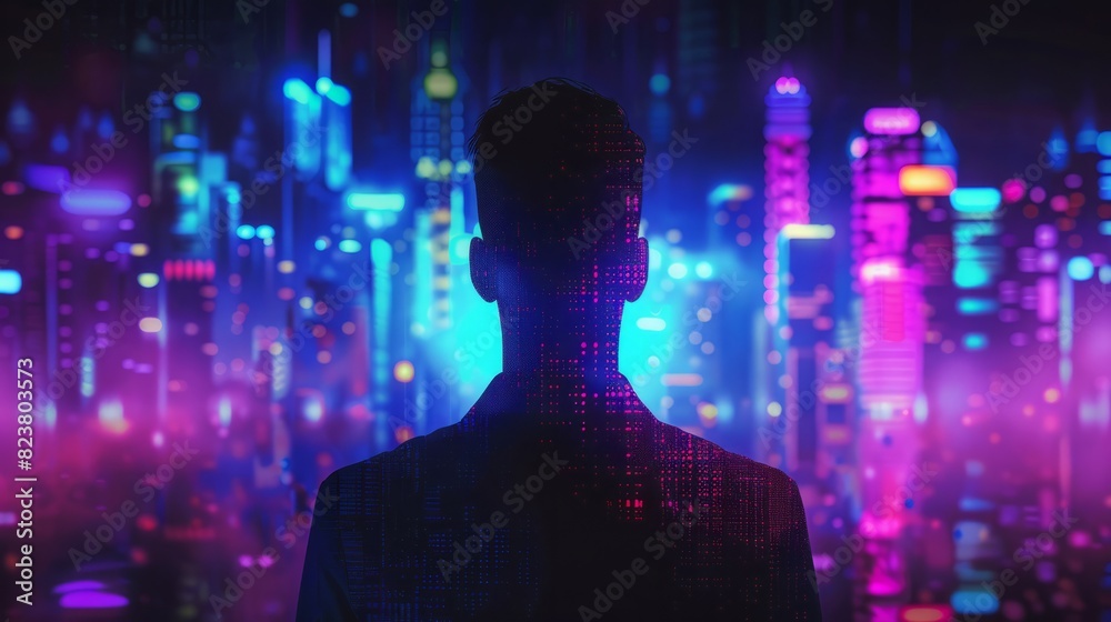 of a creative professionalâ€™s silhouette merged with the artsy neon lights of a downtown district, representing creativity in a corporate world, business, vibrant city, lights backg