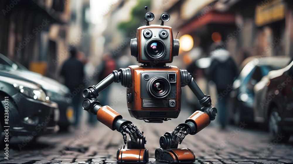 Photographer robot taking photos on the street, Generative AI Photographer robot taking photos on the street, Generative AI