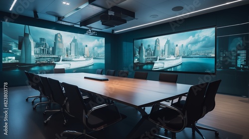  A conference table with a projector screen displaying a business presentation. photo