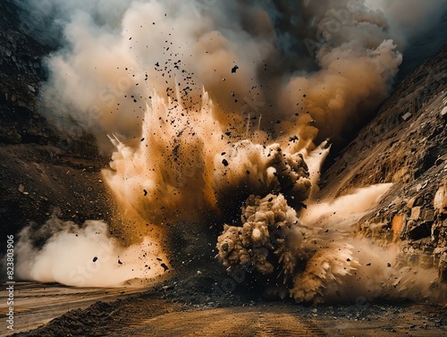 An image of a blasting operation in an openpit mine, with controlled explosions breaking up rock and earth, captured with dramatic lighting photo