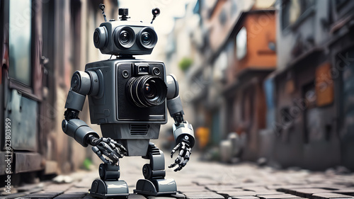 Photographer robot taking photos on the street, Generative AI