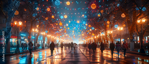 A street decorated with Islamic-themed lights for Eid-al-Adha, with families walking and celebrating photo