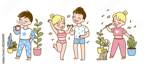 Set of cute cartoon girls and boys wearing home clothes - vector illustration for cozy design